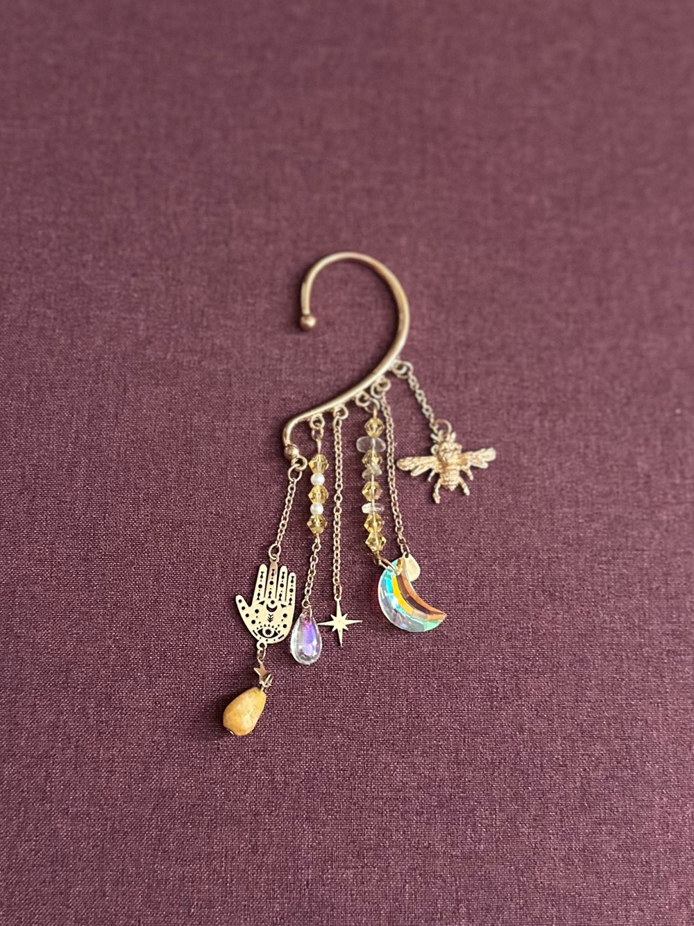 Gold-Tone Celestial Charm Ear Cuff with Moon, Bee & Hamsa